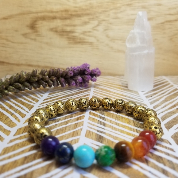 7 Chakra Healing Gold Lava Bead Stretch Bracelet - Picture 6 of 7